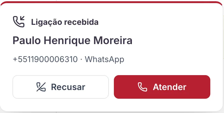 Aviso de ligação recebida pelo WhatsApp no Channels, com os botões Recusar e Atender.