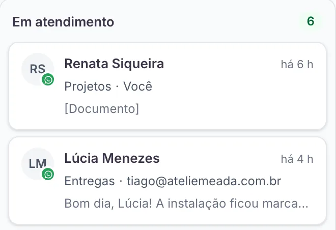 Coluna Em atendimento do quadro: Renata Siqueira em Projetos e Lúcia Menezes em Entregas, cada uma com quem está atendendo.